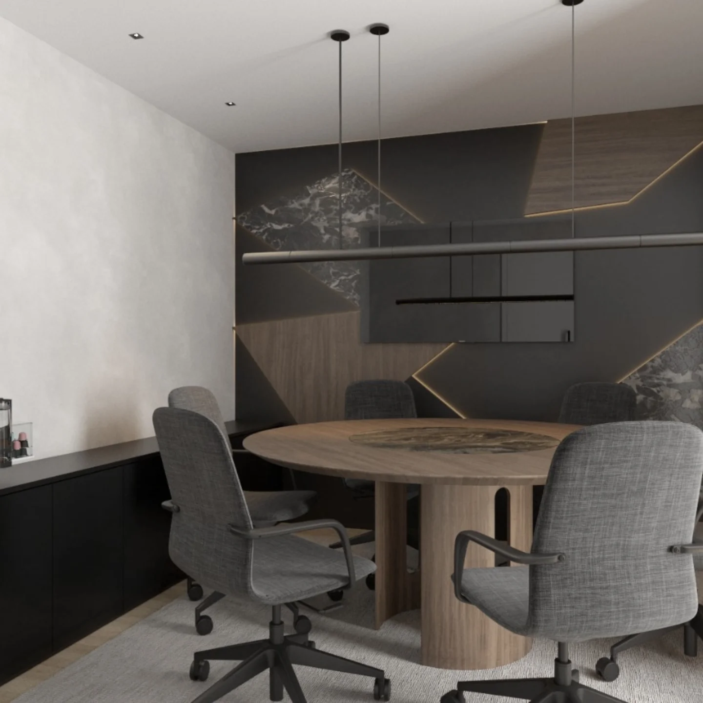 Sala de reunião com design sóbrio